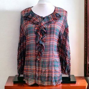 SUNDANCE Plaid Ruffle Front Silk Blouse (M)